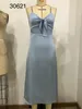 Abiti casual Donna Senza schienale in raso Senza maniche Vestito da festa sexy con scollo all'americana Slim Temperamento Abito tutto-fiammifero Azzurro elegante Banchetto