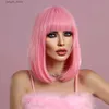 Synthetische pruiken NAMM Korte Rechte roze pruik voor vrouw Daily Party Cosplay Lolita Wig Natural Synthetic Bob Pruik met pony hittebestendige vezel Y240401