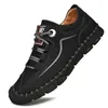 Casual schoenen met de hand gestikt leer voor heren met veters buiten antislip reizen wandelen zwart groot formaat 45 46