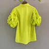 Women's Blouses 2024 Summer Fashion Shirts High Quality Women Turn-down Collar Ruffle Flowers Short Sleeve Casaul Purple Green White Red