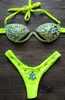 Women's Swimwear 2019 Sexy Strap Neon Green Crystal Swimsuit Womens Push Up Bikini Rhinestone Diamond Luxury Womens Swimsuit Plus Size J240330