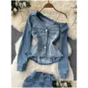 Two Piece Dress Singreiny Off Shoder Retro Women Denim Sets Ruffled Irregar Slim Topsshort Skirts Fashion Y2K Spring Pieces Suits Drop Dhbjy