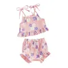 Kledingsets Baby Baby Meisje Zomeroutfit Spaghettibandjes Bloemen Crop Top Gebreide Geribbelde Bloomer Shorts 2-delige kledingset