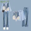 Sonbahar/Kış Eşleştirme Set Set Kadın Moda Knited Vestshirtjeans 3 Parça Koreli Elegant Bluz Denim Pantolon Takım 240326