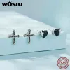 Kolczyki Wostu Real 925 Sterling Srebrny Vintage Cross Cross Cross For Women Cool Black Cyrron Punk Ear Studs Modna biżuteria Prezent