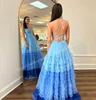 Ruffle Ombre Prom Dress Camada Blush Azul Claro Roxo Lady Preteen Pageant Vestido Formal Noite Coquetel Convidado de Casamento Red Capet Runway Gala Black-Tie Fenda Alta