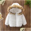 Donsjas Kind Meisje 2024 Winter Warm Peuter Baby Jongen Bont Capuchon Zuiver Wit Hoodie Mode Zip Up Bovenkleding Parka's Drop Delive Otkmf