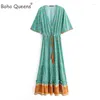 Sukienki imprezowe Boho Queens Fashion Women Floral Print Deep V-Neck Tassel Beach Bohemian Maxi Dress Robe Lets Summer Vestido