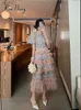 Basic Casual Dresses New Runway Desinger Women Party Long Dress Elegant Spring Floral Embroidery Mesh Patchwork Lace O Neck Ruffles Maxi yq240402