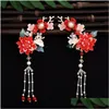 Fermagli per capelli Barrettes 2 pezzi Accessori Hanfu cinesi Fata Fiore rosso Forcine Abito vintage Copricapo Nappe lunghe Clip Noiva Gioielli D Otp2H