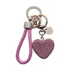 Keychains Lanyards Clay diamond full diamond love key chain studded leather rope cross-border heart-shaped car key chain female exquisite pendant. J240330