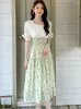 Robes de soirée d'été blanc Patchwork vert Floral en mousseline de soie robe mi-longue femmes coréennes Vintage élégant 2024 mode moulante vacances