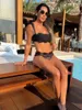 Damenbadebekleidung Sexy schwarze Spitze dreiteilige Frauen Bikini Set mit Hosen BH Hohe Taille aushöhlen weites Bein Anzug Sommer Strand Badeanzug