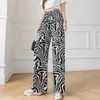 Womens Summer New Loose Lace-up Ink Painting Casual Pants Tie-dye Ice Silk Wide-leg