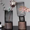 Modern European Style Vase Living Room Dining Table Flower Arrangement Wooden Base Transparent Glass Vase Home Decoration Gift 240311