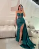 Peacock green mermaid prom dress illusion bodice strapless formal evening dresses elegant thigh split satin dresses for special occasions party gowns