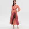 Women's Runway Dresses Lace Up Bow Collar Long Sleeves Printed Pleated High Street Fashion Designer Vestidos Prom