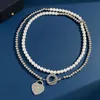 Luxury Letter Love Heart Necklace Armband Rostfritt stål Design OT -knapphalsband Dubbel Pearl Steel Bead Diamond Heart Clavicle Chain Armband med låda