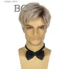 Synthetic Wigs BCHR Short Men Blonde Wigs Synthetic Natural Straight Ombre Brown Roots Side Part Hairline Bangs Male Wig Y240401