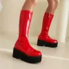 Botas de inverno Patente Plataforma de couro Botas punk rock botas médias boots fêmeas espessas saltos altos Party Party White Red Shoes para mulheres 2023