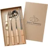 Flatware Sets 4pcs/Set Creative Tableware Set Wooden Hand Stainless Steel Western Dinnerware Easy Carry Chopsticks Fork Spoon Knife