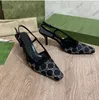 Flach geschnittene Slingback-Sandalen zum Schnüren, mittelhoher Absatz, schwarzes Mesh mit glitzernden Kristallen, bedruckte Schuhe, Gummi-Leder, Sommer-Slipper mit Knöchelriemen, 35–41