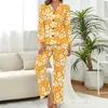 Home Kleding Tropische bloemenpyjama Gele bloemenprint Modeset met lange mouwen 2-delig Esthetisch herfstontwerp Pakcadeau