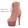 Tanzschuhe 17 cm High Heel schimmernde rosa Sohlen Wildleder niedrige Stiefel große Größe Skinny Club für Frauen