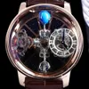 BZF Astronomia Tourbillon Swiss Quartz Mens Watch Rose Gold Steel Case Skeleton 3D Globe Dial Won't Spin Brown Leather 283336