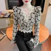 Mulheres camisetas Sexy T-shirt Mulheres Roupas Manga Longa Crop Tops V-Pescoço Y2K Coreano Chic Jacket Floral Kawaii Roupas Slim