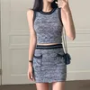 Casual Dresses Women Summer Knitted Dress Yellow Korean Elegant Round Neck Sleeveless Vest Top Mini Skirt Set Blue 2 Piece