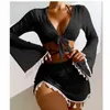 Women's Swimwear 4-piece solid bikini set sexy womens tassel net shorts beach clothes womens swimsuits spring and summer swimsuits J240330