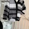 Damskie dzianiny moda swobodny pojedynczy sweter z piersi 2024 Zimowe kobiety zabytkowe pasiaste skoczki na drutach luźne kardigany w dniu liczebnym z długim rękawem