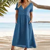 Summer Casual Long Dres V Neck Short Sleeve Button Party Dresses for Women Fashion Maxi Boho 240326
