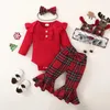 Ensembles de vêtements de Noël pour bébé fille, barboteuse côtelée à manches longues avec pantalon évasé à carreaux et bandeau à nœud