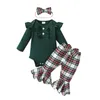 Ensembles de vêtements de Noël pour bébé fille, barboteuse côtelée à manches longues avec pantalon évasé à carreaux et bandeau à nœud