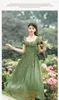 Party Dresses French Lady Vintage Square-neck Puff Sleeve Big Swing Long Dress Sidebandage Robe Boheme Femme Chic Elegant Fairy For Prom