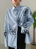 Women's T Shirts Spring Blue Striped Shirt Women Flower Big Size Blouse Lapel Long Sleeve Loose Fit Fashion Tide