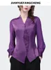 Women's Blouses Satin Top 2024 Spring Summer Women Long Sleeve V-neck Purple Embroidered Beaded Blouse Retro Casual Slim Fit Ladies 90s