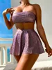 Costumi da bagno da donna Bikini 3 pezzi viola lucido 2024 Costume da bagno dorato da donna con gonna con spalle scoperte Costume da bagno estivo da spiaggia senza schienale