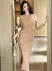 Casual Dresses Women's Professional Dress Elegant ol Long Sleeve Folds Slim Slitt Midi Robe Femme Office Lady Work Style Vestidos Business