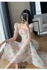 Koreansk sommarmode chiffong blommig klänning kvinnor avslappnad a-line fairy party midi vestidos kvinnlig vintage strand kort ärmrock 240320