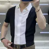 ビジネスオフィスカジュアルメンズポロネックスリムシャツトレンド韓国のオールマッチパッチワーク半袖シャツ夏の男性服240325