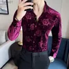 Men's Plus Tees Polos Purple Rose Flanne Shirts for Men Luxury Flower Print Long Sleeved Slim Fit Velvet Mens Dress Shirt Club Stage Prom Clothing yq240401