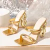 Klänningskor 2024 Summer Chic Strange High Heels Slippers Sexy Street Woman Square Toe Dress Shoes Pu Leather Golden Sandals H240401