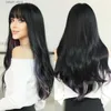 Synthetic Wigs 7JHH WIGS Long Wavy Dark Green Wig for Women Daily Cosplay Party Highlight Purple Synthetic Hair Wig with Bangs Heat Resistant Y240401