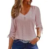 Damesblouses Dames Lente Top Kant Effen Kleur Uitgehold V-hals Lange mouw Knop Decor Casual losse dame Herfst T-shirt