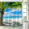 Dusch gardiner ocean strand tropisk kokosnöt träd havsvågor hawaiian natur landskap polyester tyg badrum dekor med krokar