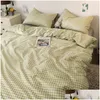 Ensembles de literie Plaid Set Grille Motif Vert Bleu Rose Couette Er Drap de lit Taie d'oreiller Textile à la maison Doux Nordic Couette Linge Drop Livraison G Dhnmj