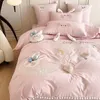 Bedding Sets Pink Cute Cartoon Moon Embroidery Cotton Girls Set White Ball Edge Duvet Cover Bed Sheet Pillowcases
